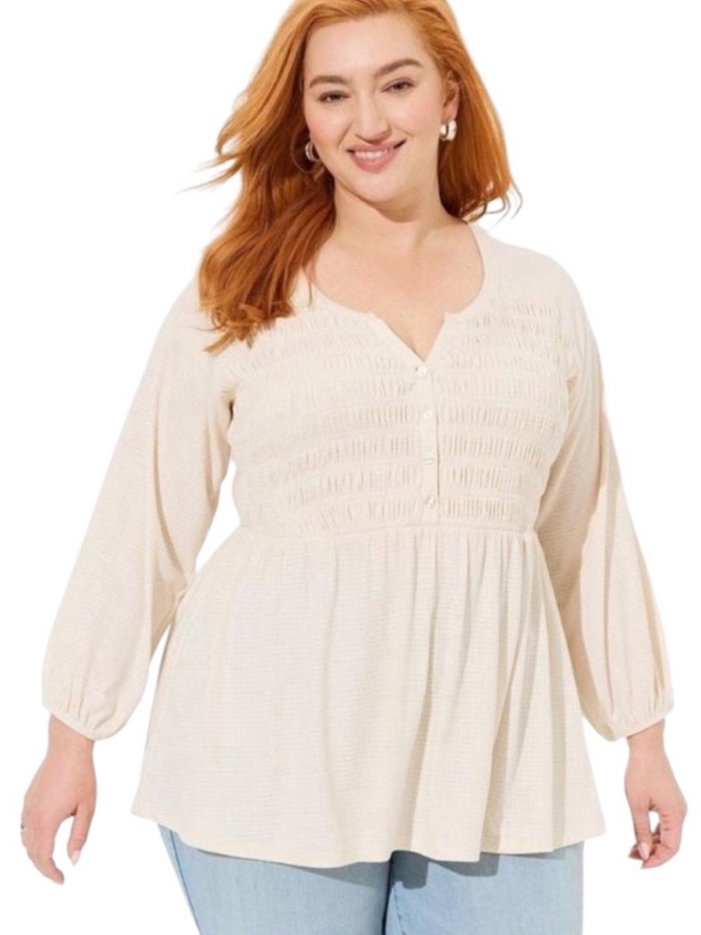 TORRID Cream Smocked Babydoll Henley Top Size 3X NWOT Boho